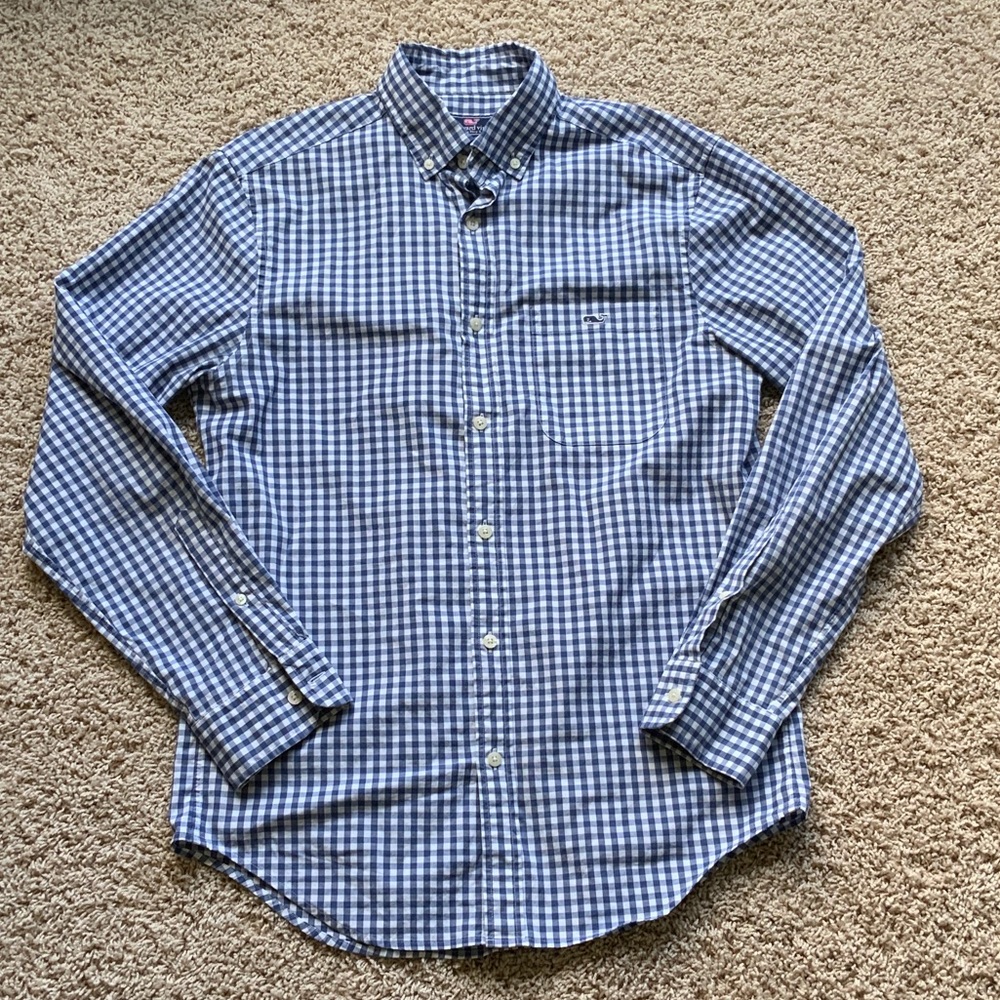 Vineyard Vines Mens Blue and White Gingham Button Down Shirt, Size Small